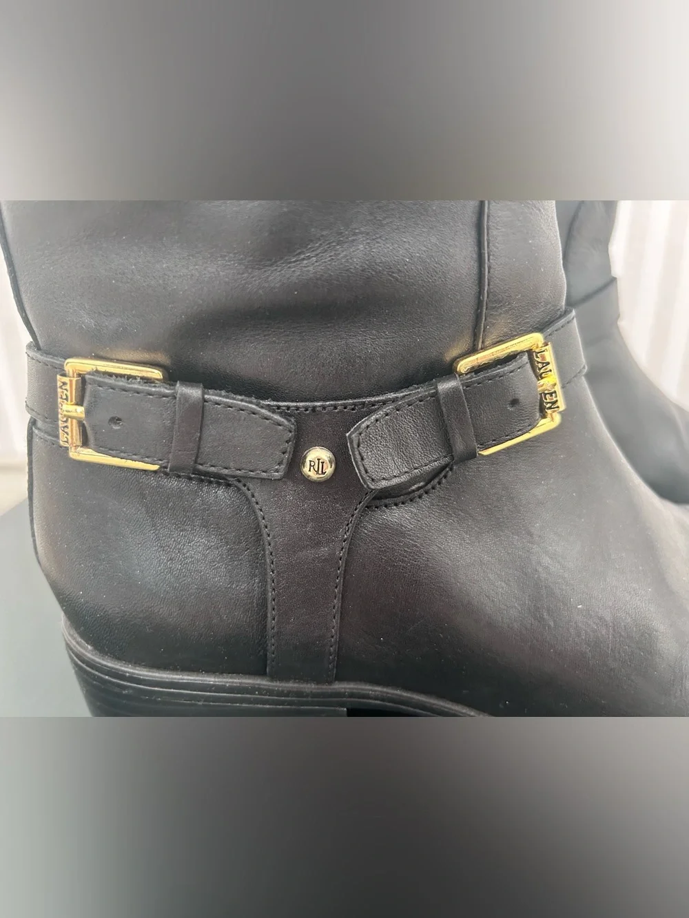 Lauren Ralph Lauren Black Marion Riding Boots with Gold Logo Double Buckle Sz 7